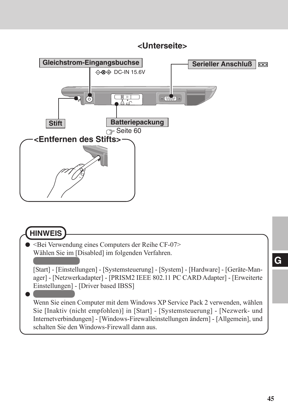 Unterseite, Entfernen des stifts | Panasonic CF-VDW07BH User Manual | Page 45 / 104