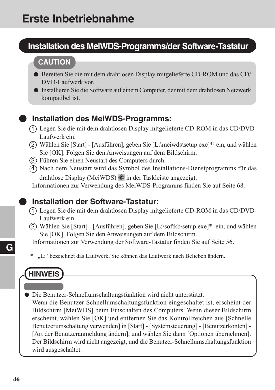 Erste inbetriebnahme, Installation des meiwds-programms, Installation der software-tastatur | Panasonic CF-VDW07BH User Manual | Page 46 / 104