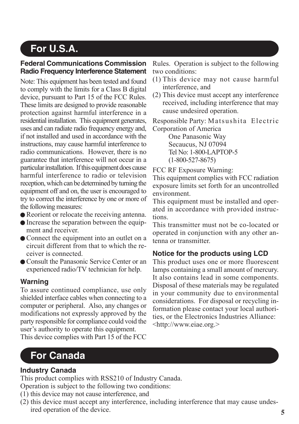 For u.s.a. for canada | Panasonic CF-VDW07BH User Manual | Page 5 / 104