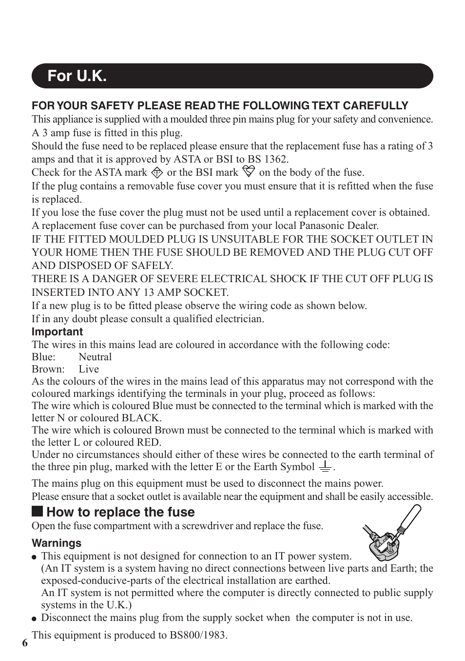 For u.k, How to replace the fuse | Panasonic CF-VDW07BH User Manual | Page 6 / 104