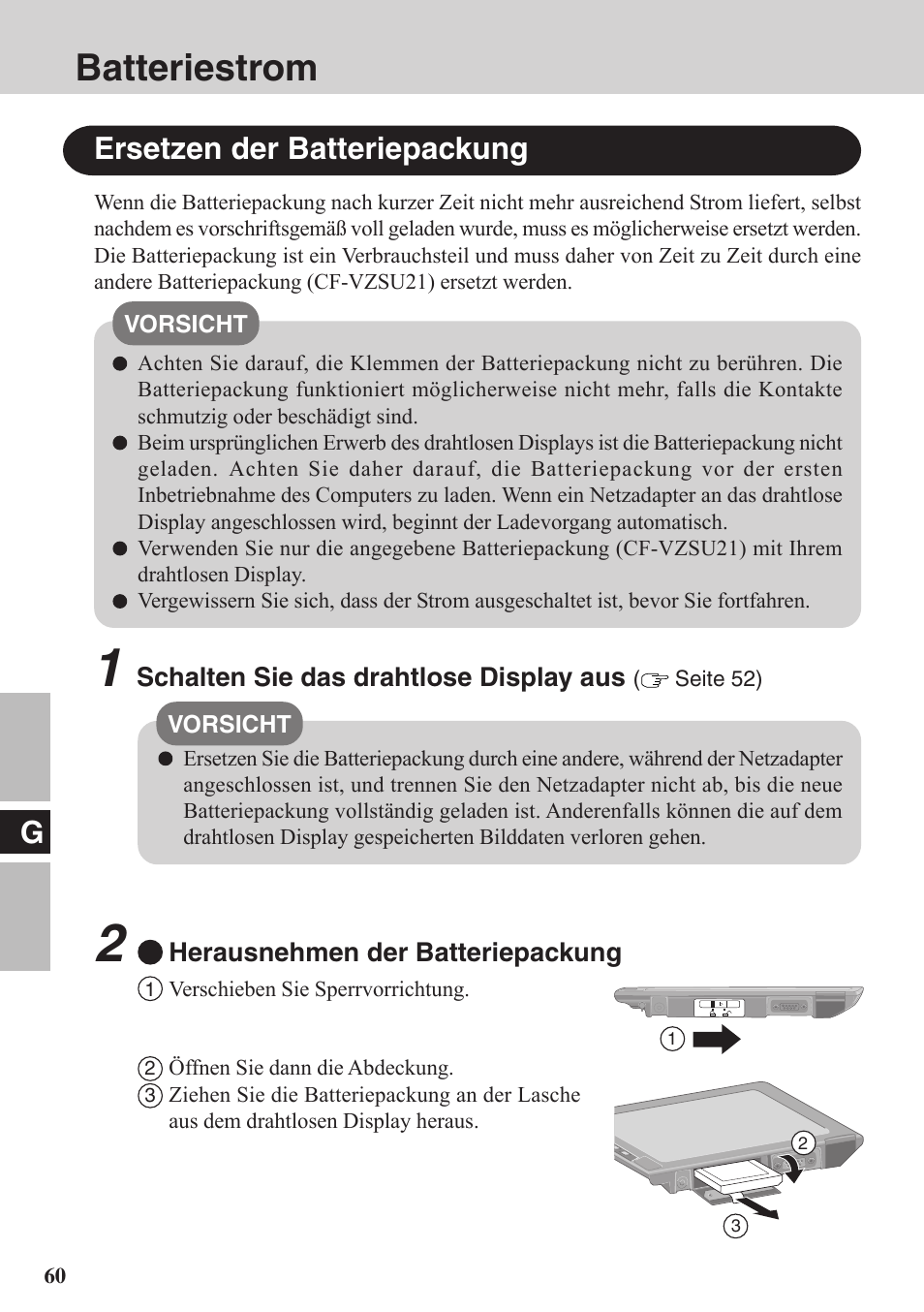 Batteriestrom, Ersetzen der batteriepackung | Panasonic CF-VDW07BH User Manual | Page 60 / 104