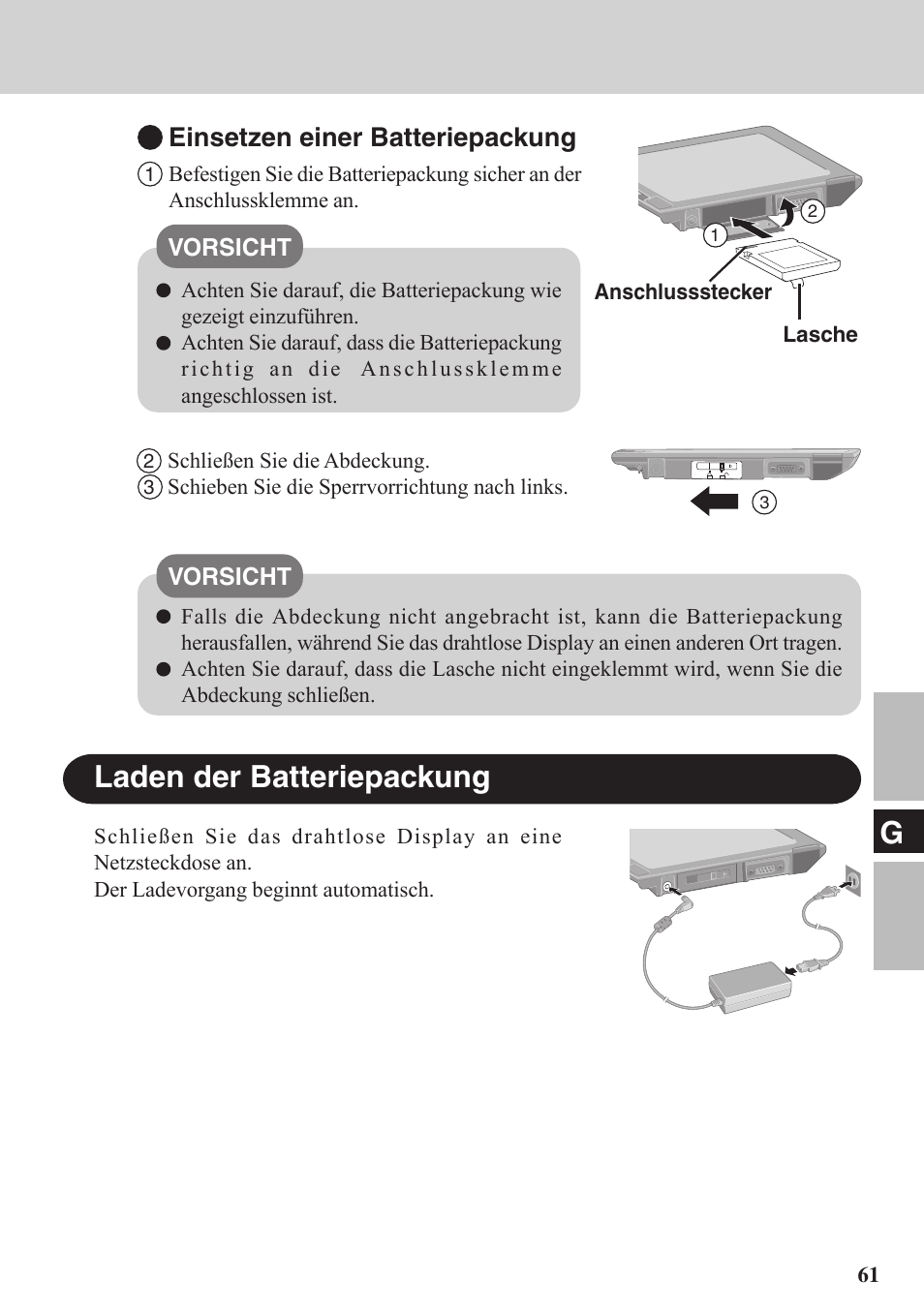 Laden der batteriepackung, Einsetzen einer batteriepackung | Panasonic CF-VDW07BH User Manual | Page 61 / 104