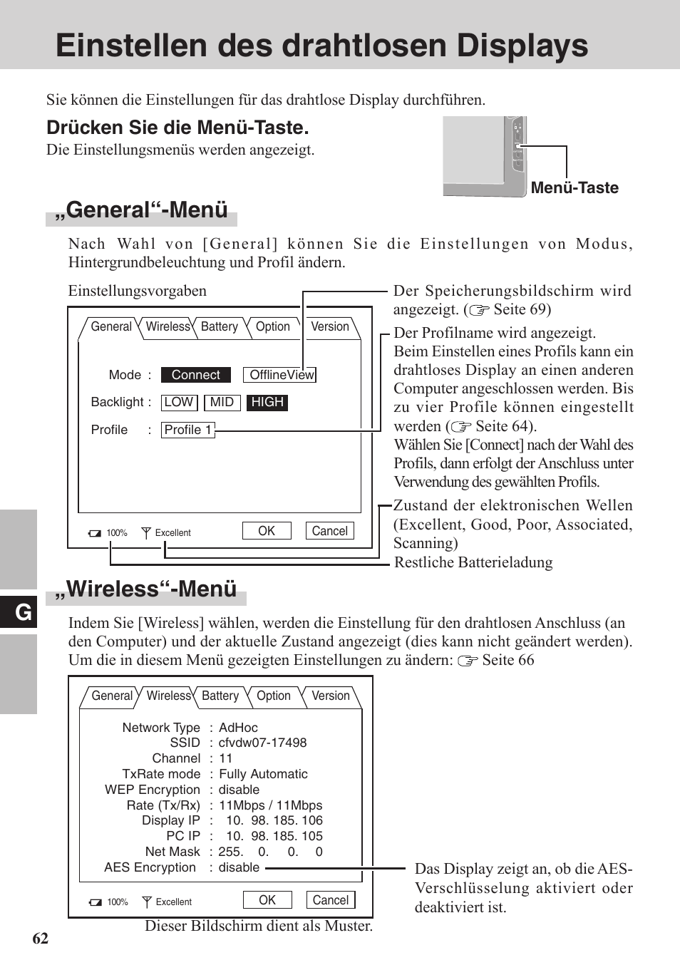 Einstellen des drahtlosen display, Einstellen des drahtlosen displays, General“-menü | Wireless“-menü, Drücken sie die menü-taste | Panasonic CF-VDW07BH User Manual | Page 62 / 104