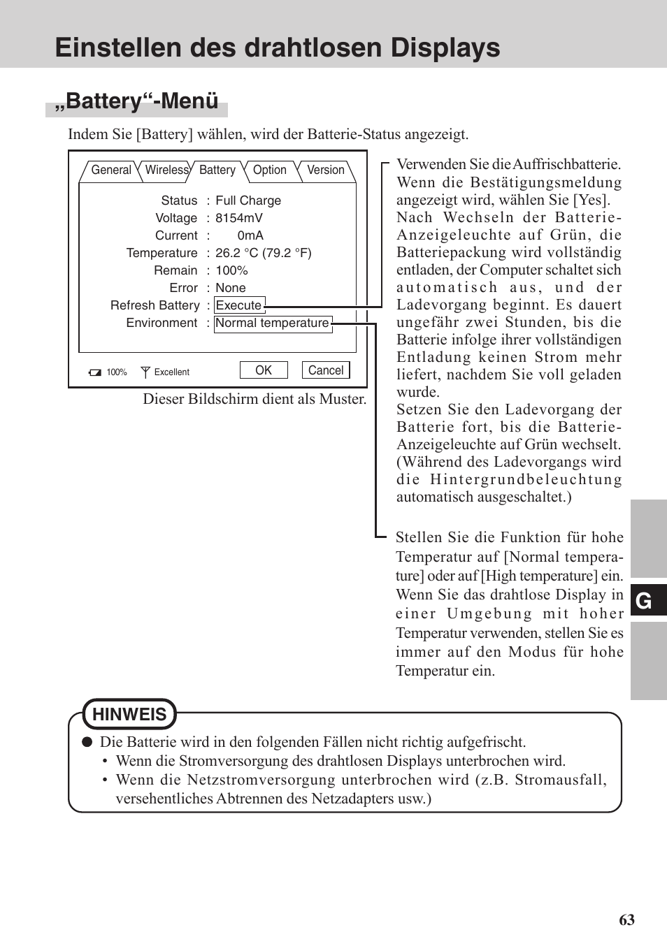 Einstellen des drahtlosen displays, Battery“-menü | Panasonic CF-VDW07BH User Manual | Page 63 / 104