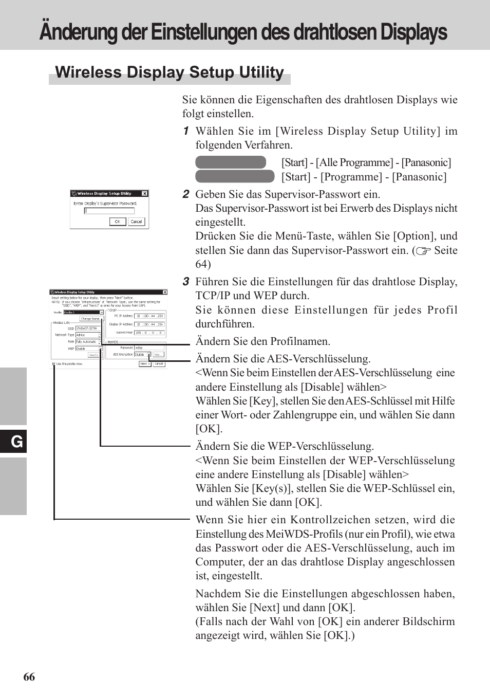 Anderung der einstellungen des drahtlosen displays, Änderung der einstellungen des drahtlosen displays, Wireless display setup utility | Panasonic CF-VDW07BH User Manual | Page 66 / 104