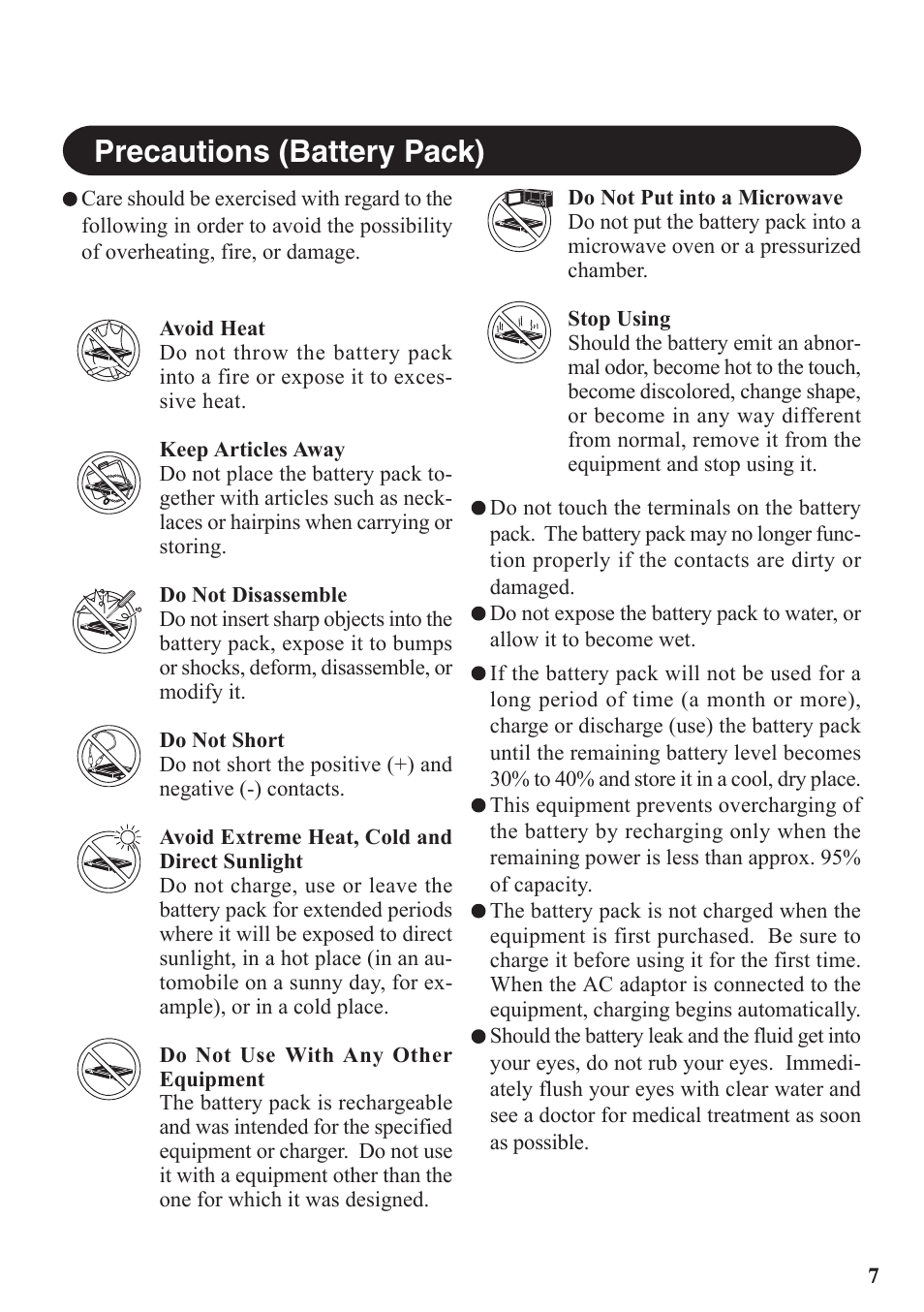 Precautions (battery pack) | Panasonic CF-VDW07BH User Manual | Page 7 / 104