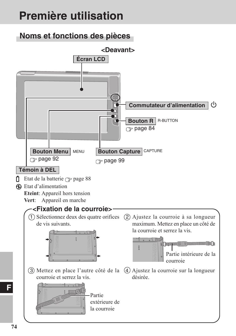 Mode d'emploi, Premiere utilisation, Première utilisation | Noms et fonctions des pièces, Deavant, Fixation de la courroie | Panasonic CF-VDW07BH User Manual | Page 74 / 104