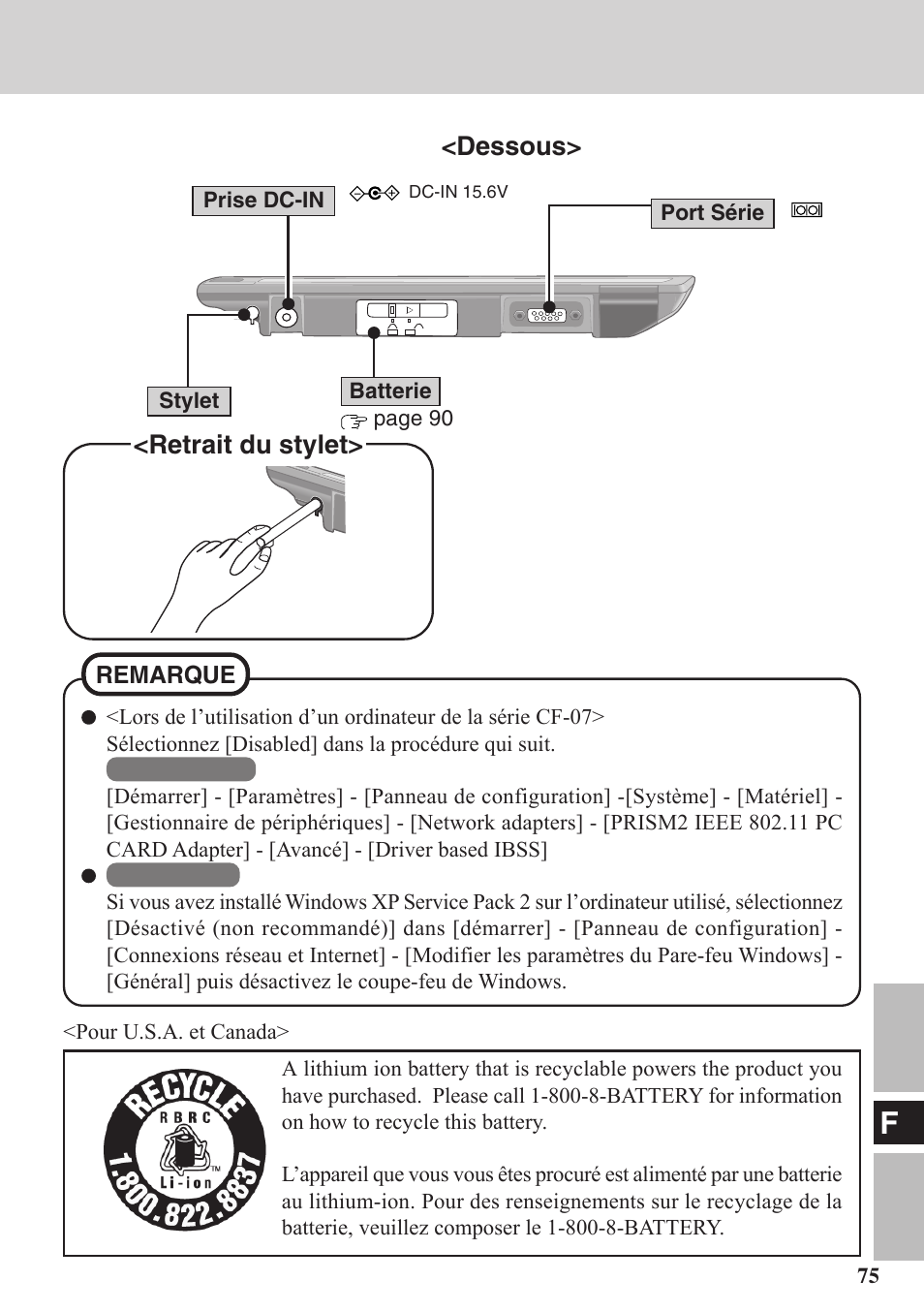 Dessous, Retrait du stylet | Panasonic CF-VDW07BH User Manual | Page 75 / 104