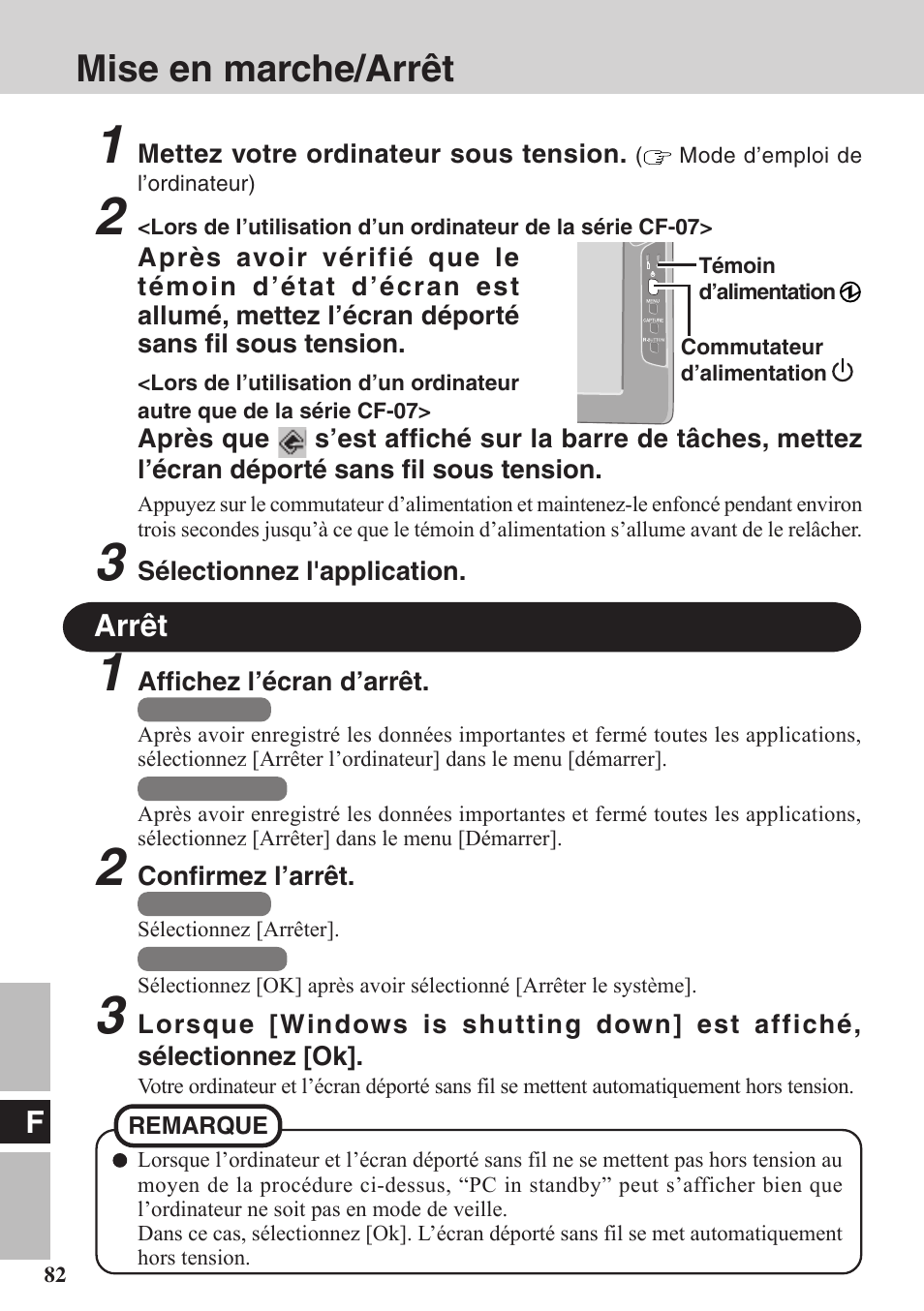 Mise en marche/arrêt | Panasonic CF-VDW07BH User Manual | Page 82 / 104