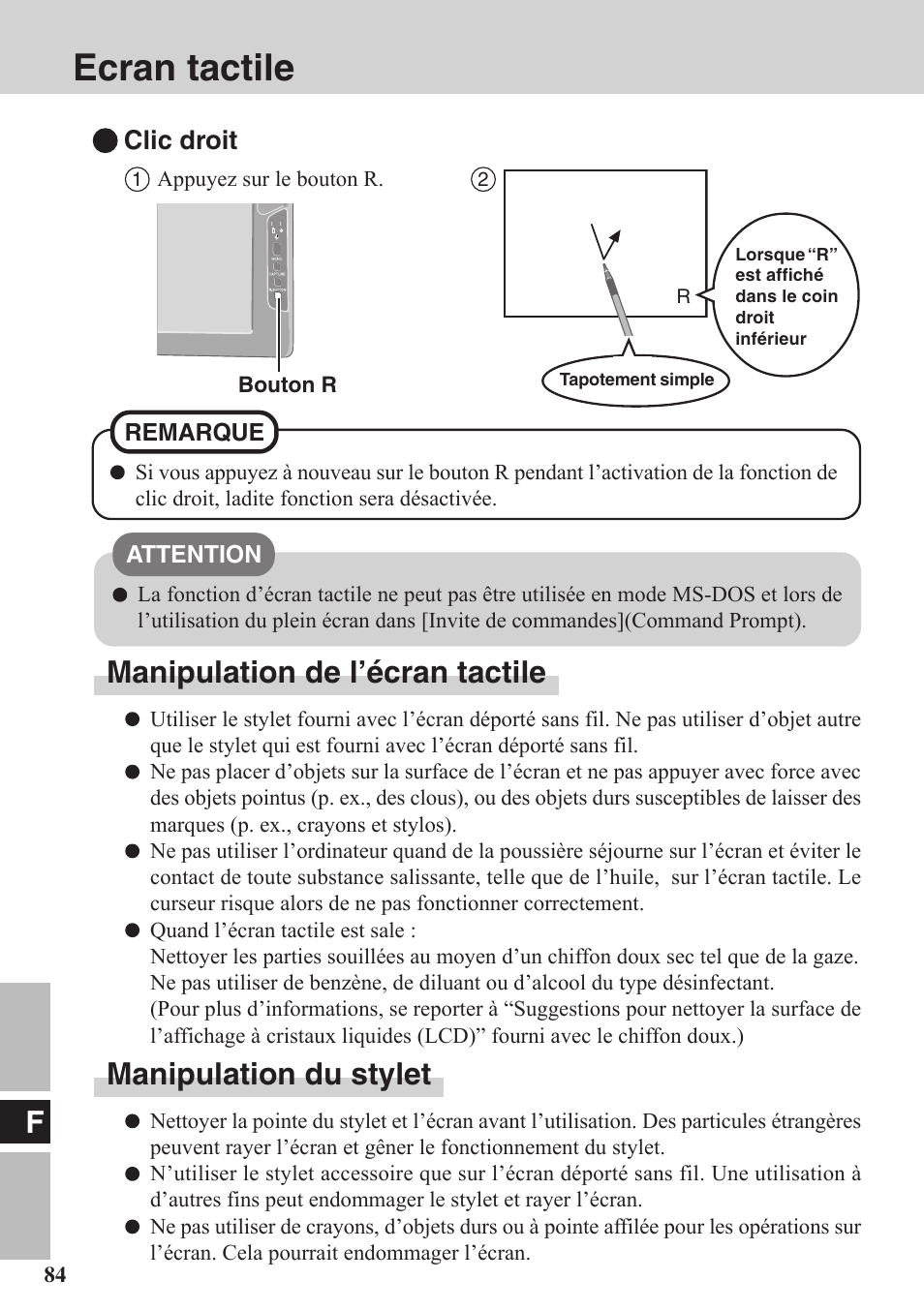 Ecran tactile, Manipulation de l’écran tactile, Manipulation du stylet | Panasonic CF-VDW07BH User Manual | Page 84 / 104