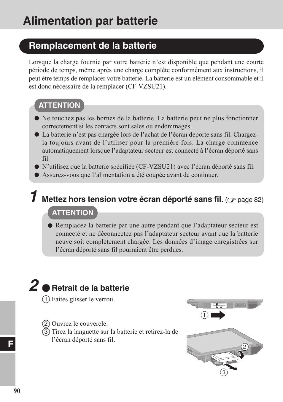 Alimentation par batterie, Remplacement de la batterie | Panasonic CF-VDW07BH User Manual | Page 90 / 104