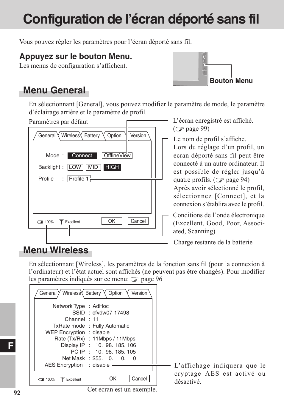 Configuration de l'ecran deporte sans fil, Configuration de l’écran déporté sans fil, Menu general | Menu wireless, Appuyez sur le bouton menu | Panasonic CF-VDW07BH User Manual | Page 92 / 104