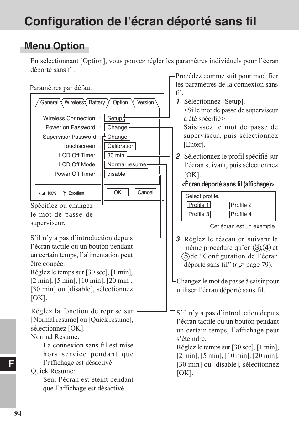 Configuration de l’écran déporté sans fil, Menu option | Panasonic CF-VDW07BH User Manual | Page 94 / 104