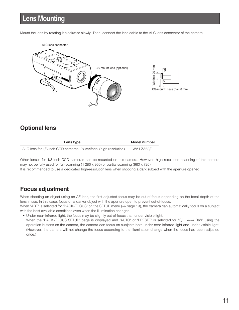 Lens mounting, Optional lens, Focus adjustment | Panasonic WV-NP1004 User Manual | Page 11 / 28