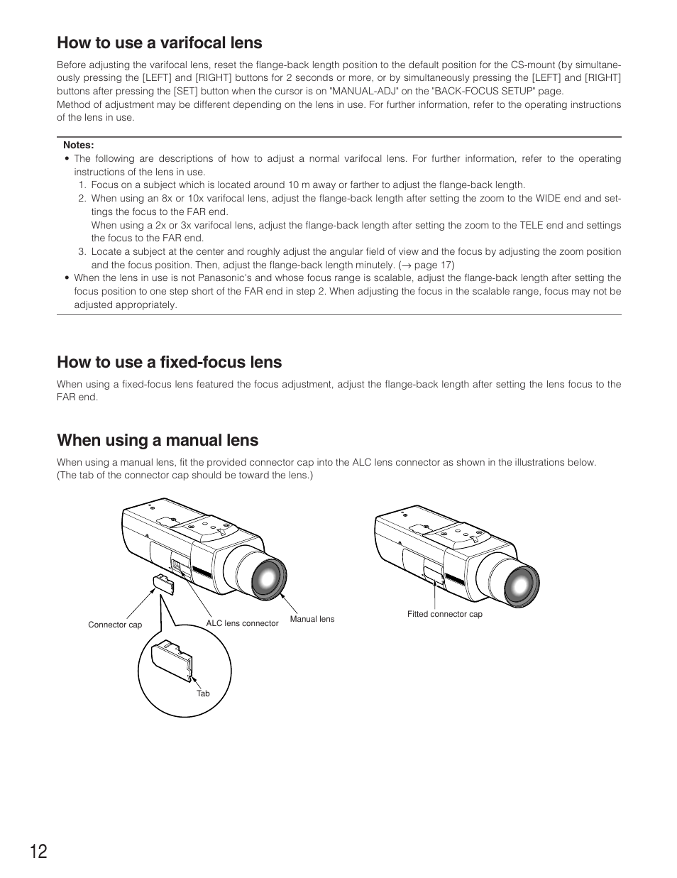 How to use a varifocal lens, How to use a fixed-focus lens, When using a manual lens | Panasonic WV-NP1004 User Manual | Page 12 / 28