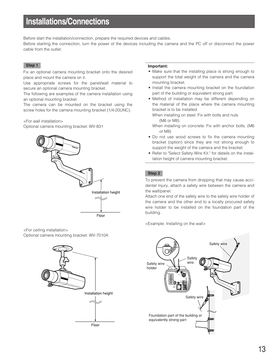 Installations/connections | Panasonic WV-NP1004 User Manual | Page 13 / 28