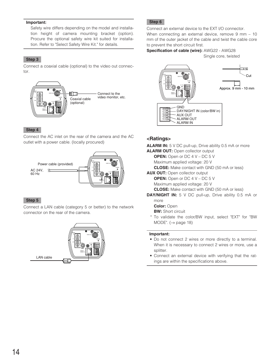 Ratings, Ac 24v, 60 hz power cable (provided), Lan cable | Cut approx. 9 mm - 10 mm | Panasonic WV-NP1004 User Manual | Page 14 / 28