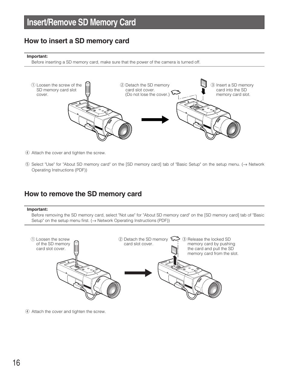 Insert/remove sd memory card, How to insert a sd memory card, How to remove a sd memory card | Panasonic WV-NP1004 User Manual | Page 16 / 28