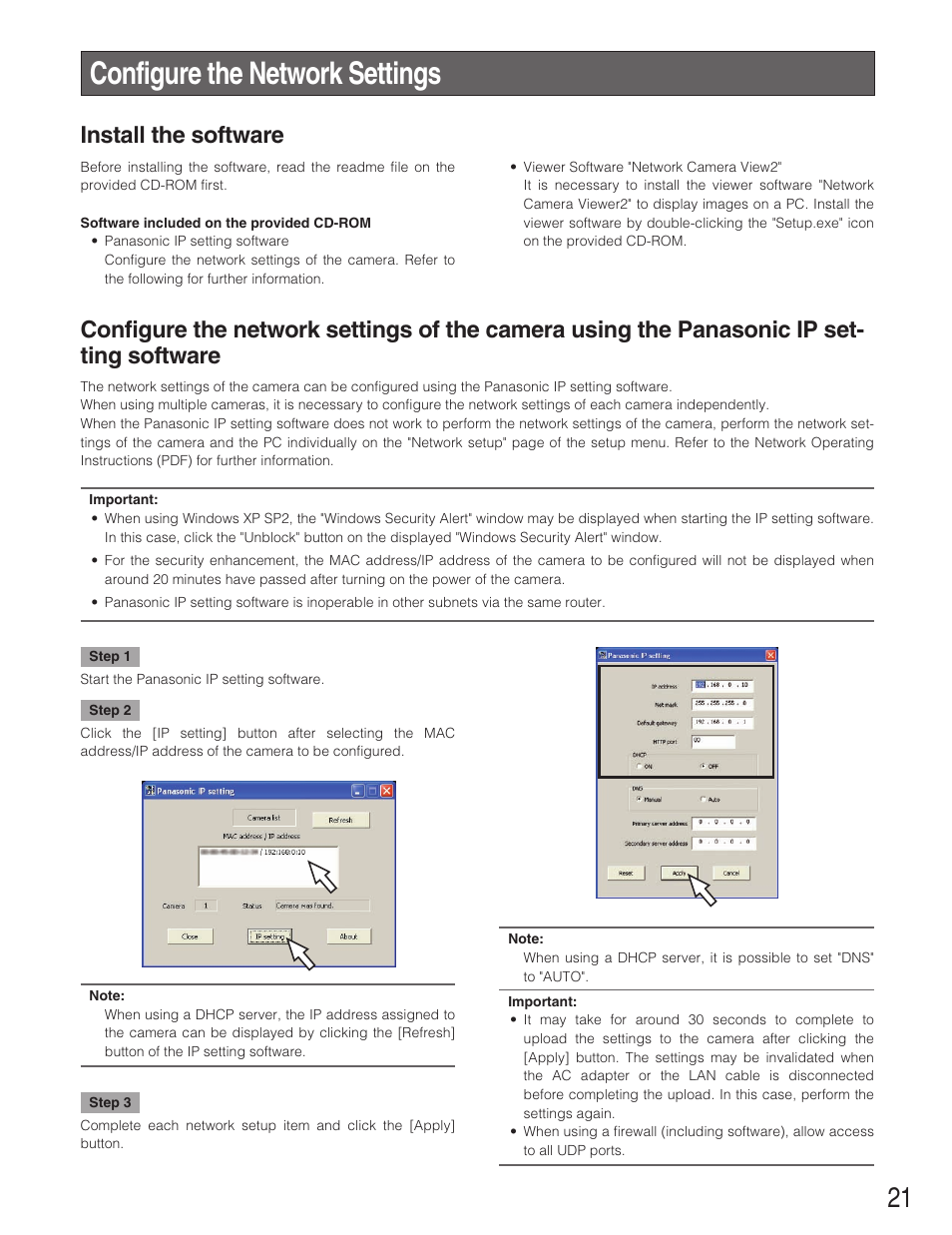 Configure the network settings, Install the software | Panasonic WV-NP1004 User Manual | Page 21 / 28