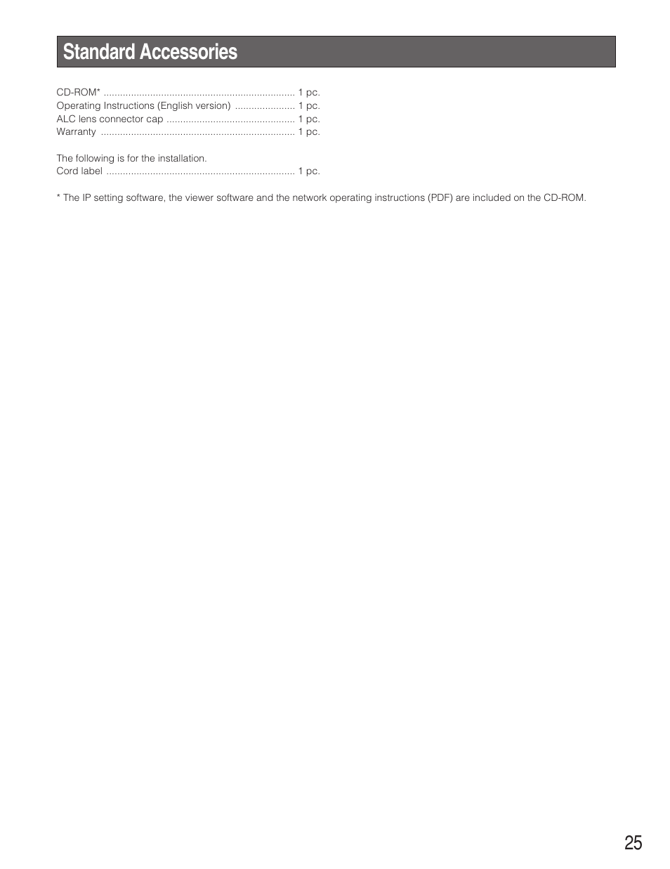 Standard accessories | Panasonic WV-NP1004 User Manual | Page 25 / 28