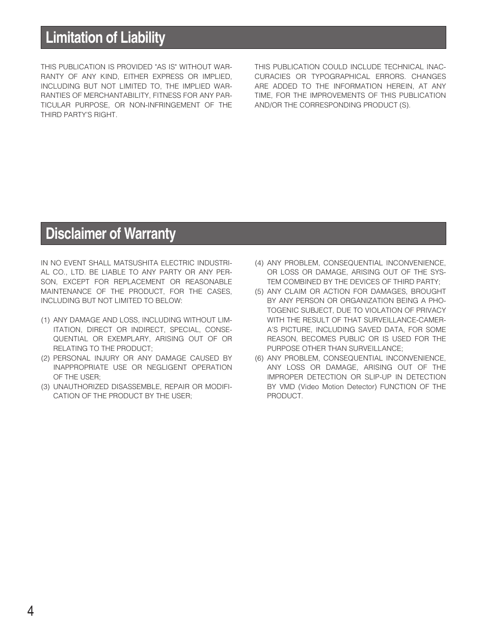 Limitation of liability, Disclaimer of warranty | Panasonic WV-NP1004 User Manual | Page 4 / 28