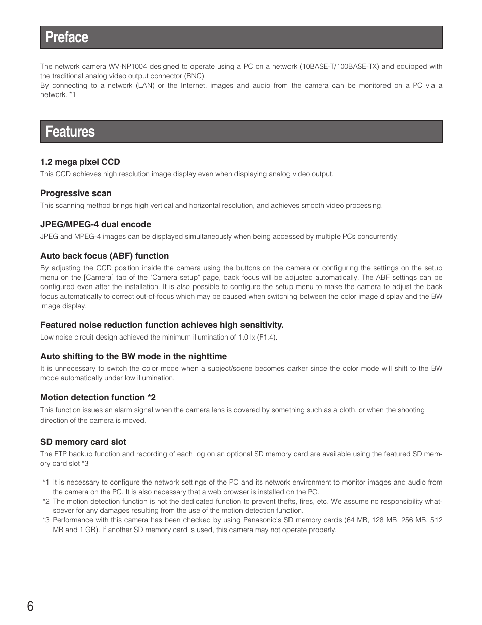 Preface, Features, Preface features | Panasonic WV-NP1004 User Manual | Page 6 / 28