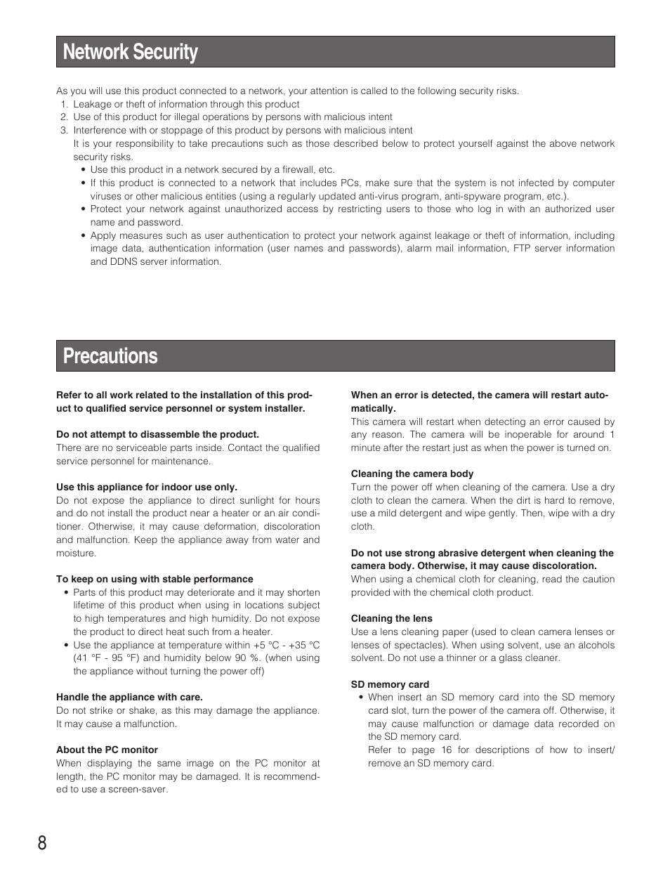 Network security, Precautions | Panasonic WV-NP1004 User Manual | Page 8 / 28