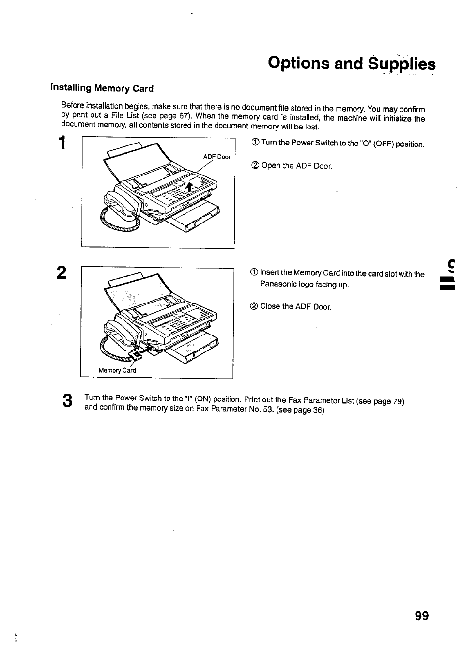 Installing memory card, Options and supplies | Panasonic PANAFAX UF-321 User Manual | Page 101 / 110