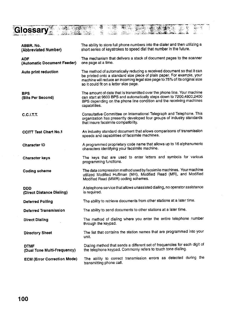 P lossary | Panasonic PANAFAX UF-321 User Manual | Page 102 / 110