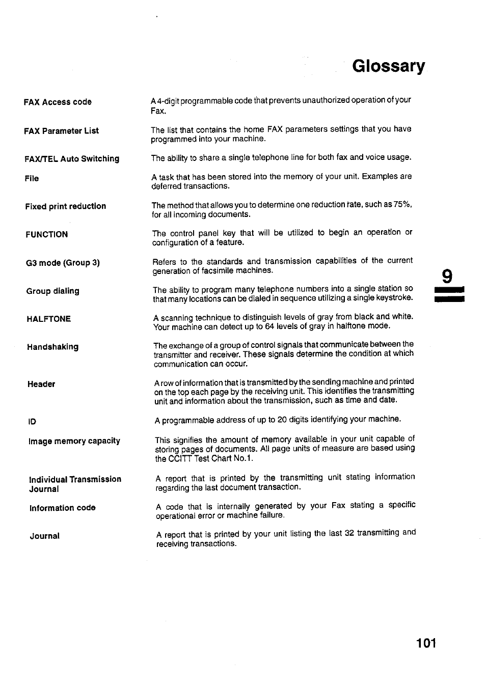 Glossary | Panasonic PANAFAX UF-321 User Manual | Page 103 / 110