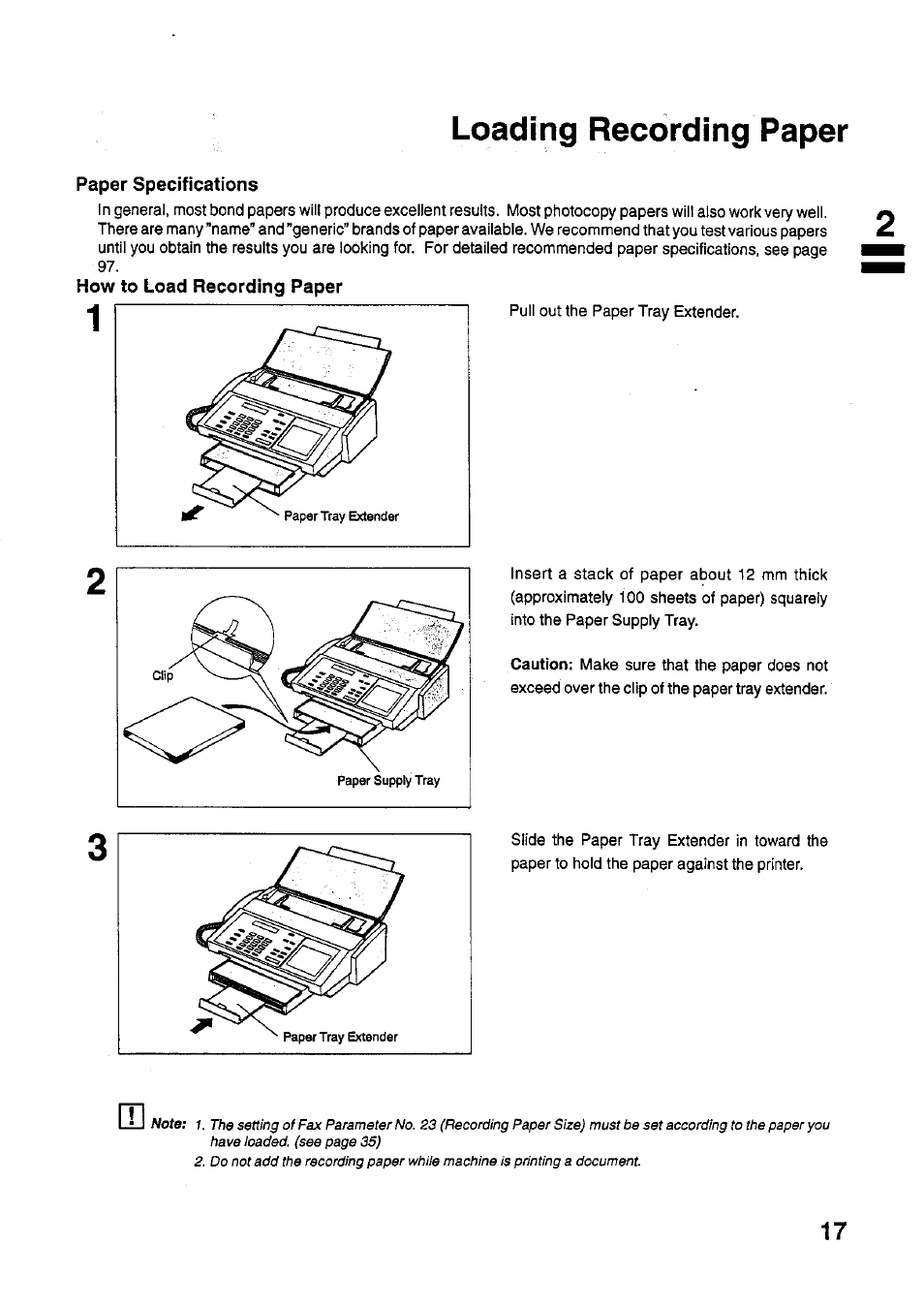 Paper specifications, How to load recording paper, Loading recording paper | Panasonic PANAFAX UF-321 User Manual | Page 19 / 110