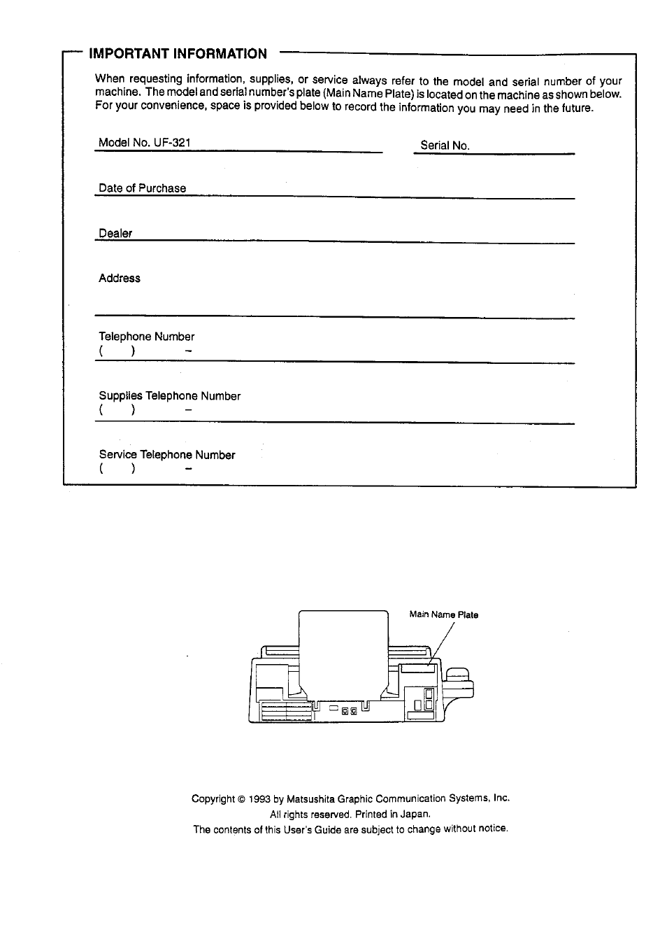 Important information | Panasonic PANAFAX UF-321 User Manual | Page 2 / 110