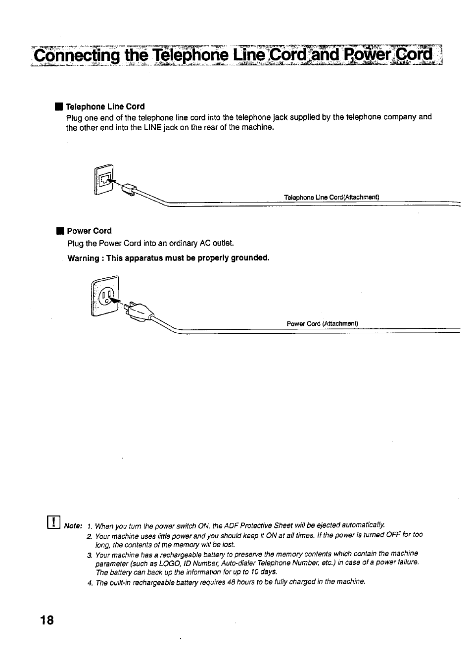 Telephone line cord, Plug the power cord into an ordinary ac outlet, Connecting the telephone line ini! f|dwer|[^«l i | Panasonic PANAFAX UF-321 User Manual | Page 20 / 110