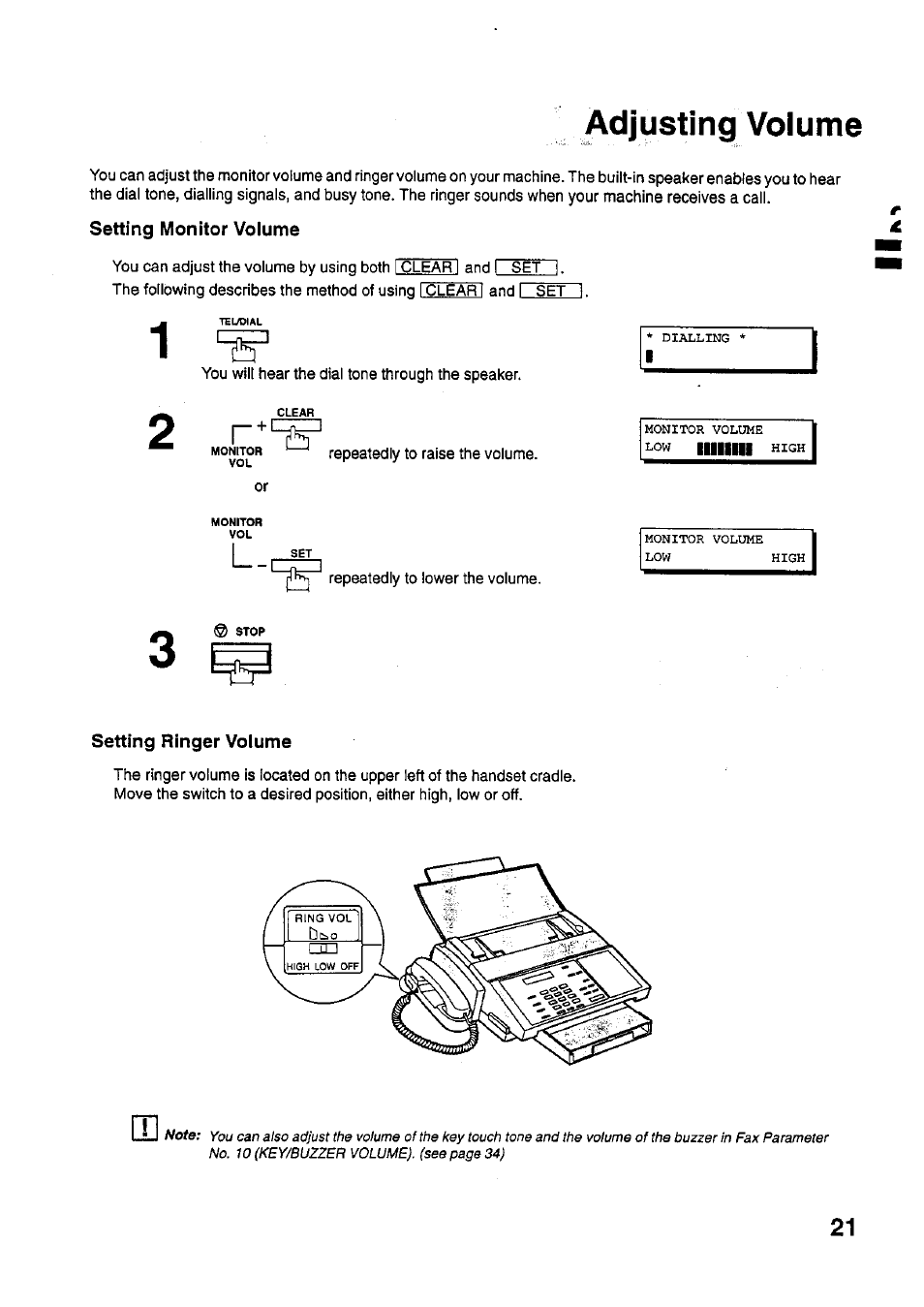 Setting monitor volume, Setting ringer volume, Setting monitor volume setting ringer volume | Adjusting volume | Panasonic PANAFAX UF-321 User Manual | Page 23 / 110