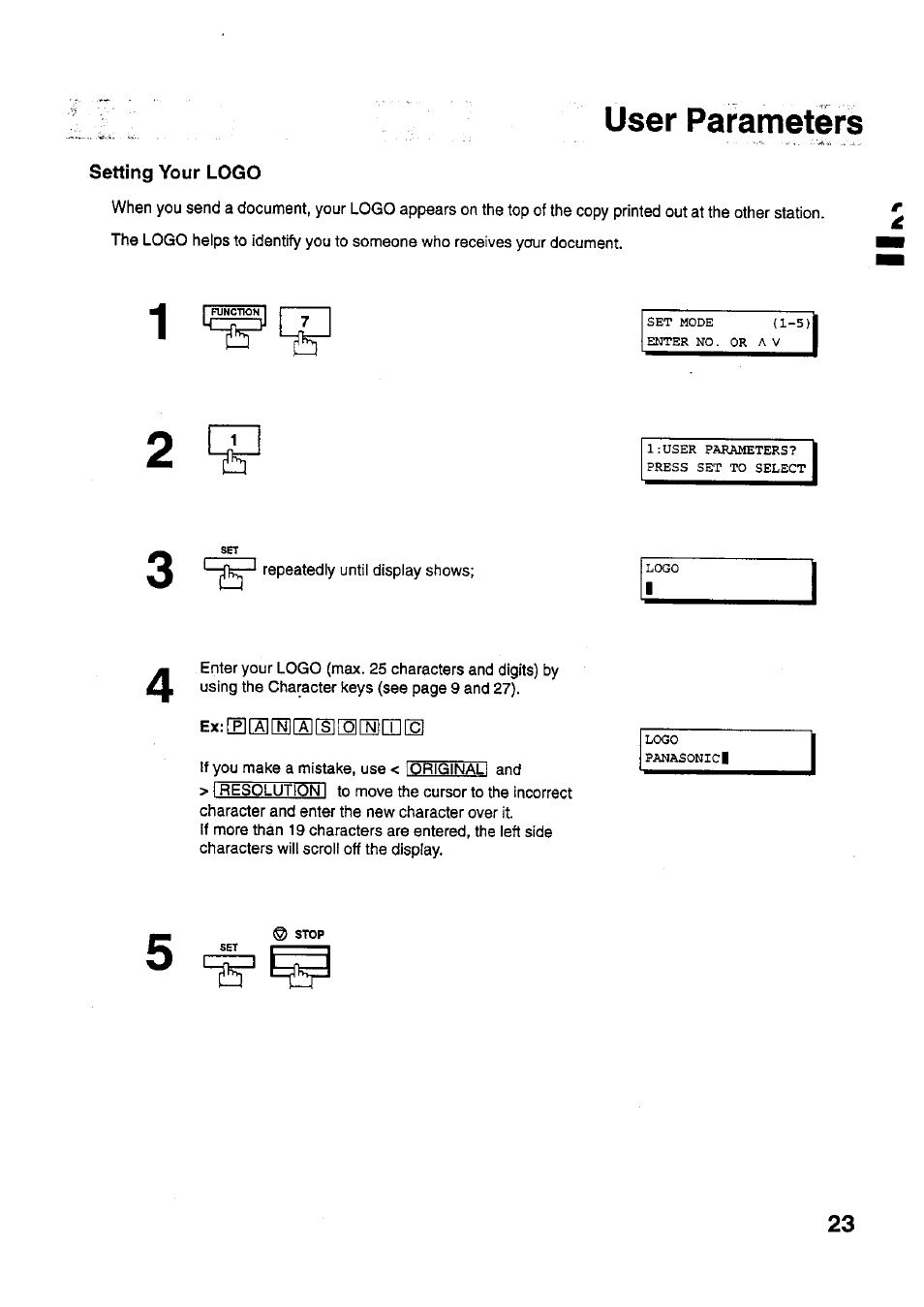 Setting your logo, User parameters | Panasonic PANAFAX UF-321 User Manual | Page 25 / 110