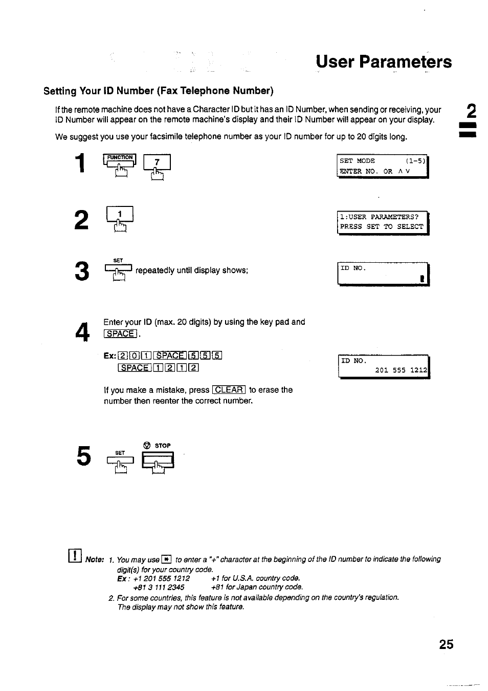 Setting your id number (fax telephone number), Repeatedly until display shows, User parameters | Panasonic PANAFAX UF-321 User Manual | Page 27 / 110