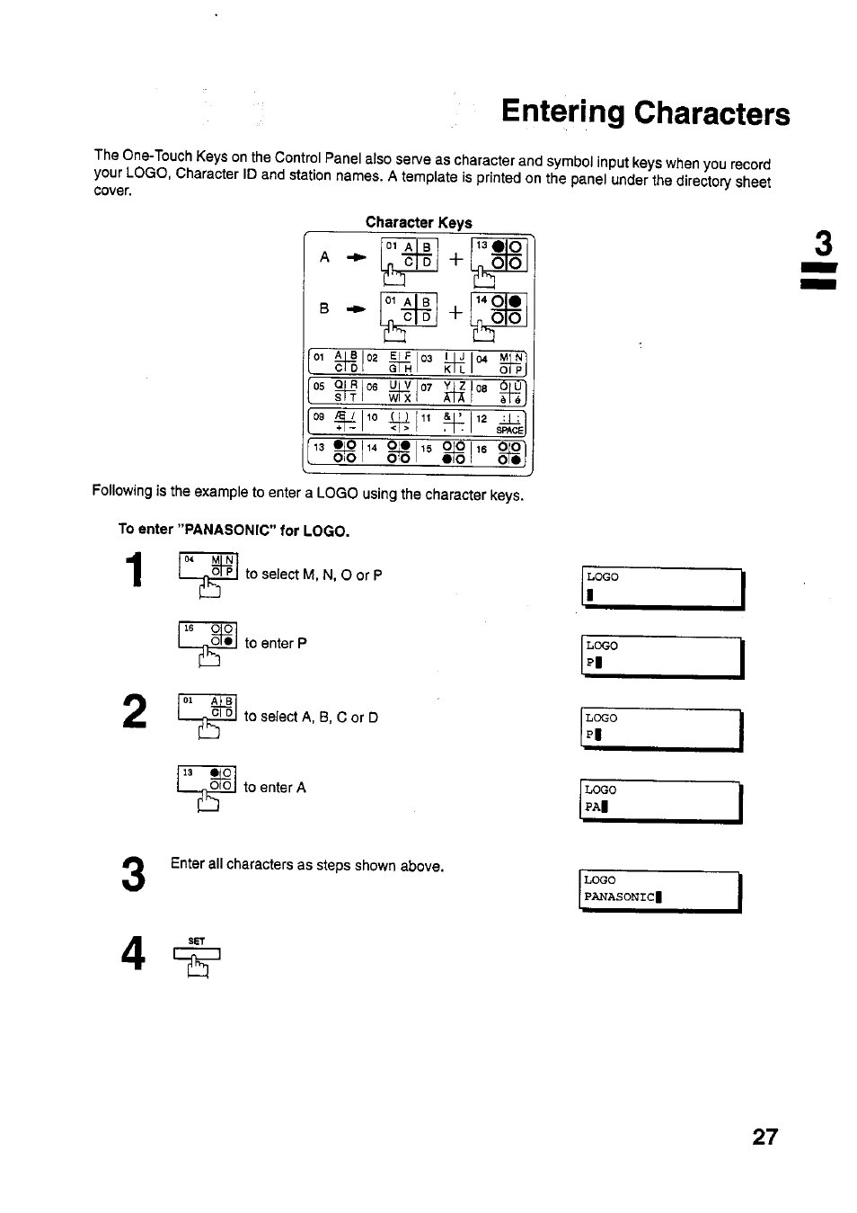 Entering characters | Panasonic PANAFAX UF-321 User Manual | Page 29 / 110