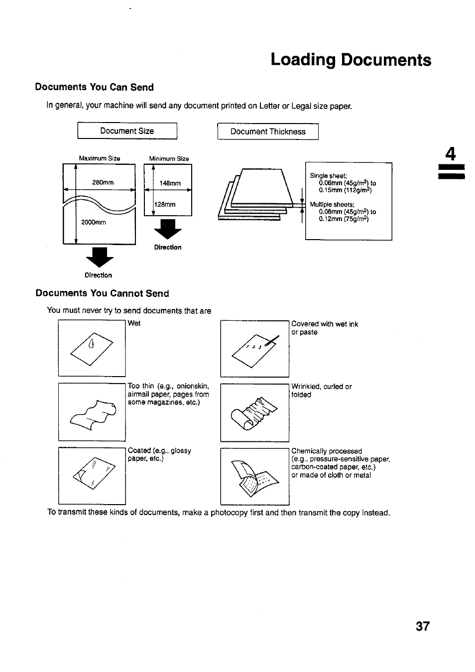 Documents you can send, Document size, Document thickness | Documents you cannot send, You must never try to send documents that are, Documents you can send documents you cannot send, Loading documents | Panasonic PANAFAX UF-321 User Manual | Page 39 / 110