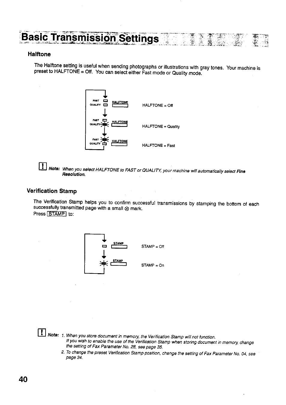 Halftone, Verification stamp, Press i stamp 1 to | Basic trahsrnissi^s^tings | Panasonic PANAFAX UF-321 User Manual | Page 42 / 110