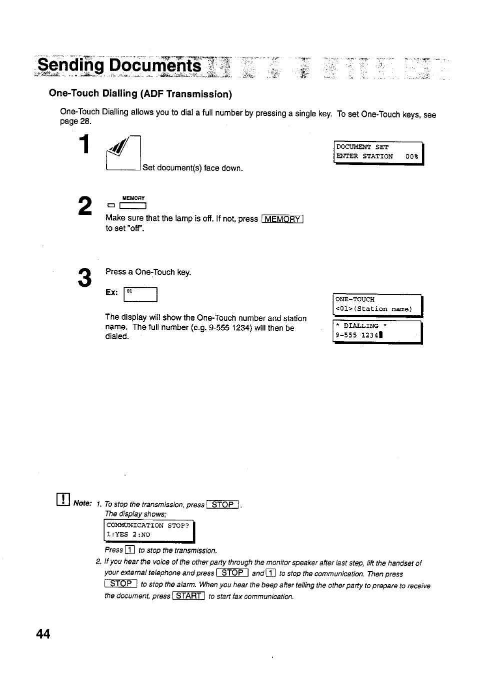 One-touch dialling (adf transmission), Manual number dialling (adf transmission), Sending documents | Naina uocumentf | Panasonic PANAFAX UF-321 User Manual | Page 46 / 110