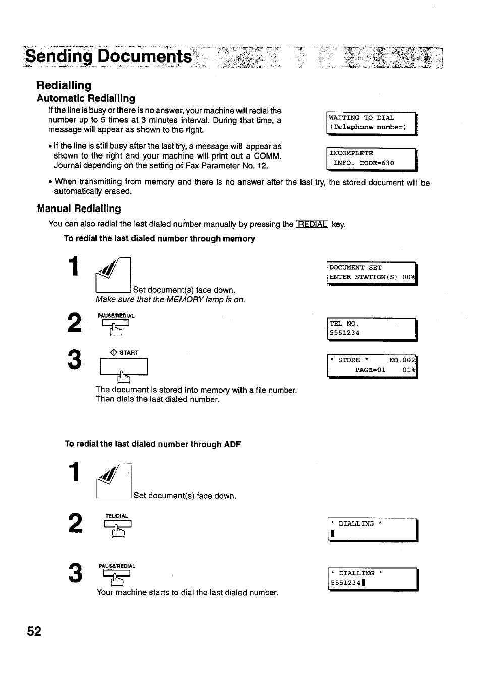 Pend)ng dociim^ts, Redialling | Panasonic PANAFAX UF-321 User Manual | Page 54 / 110