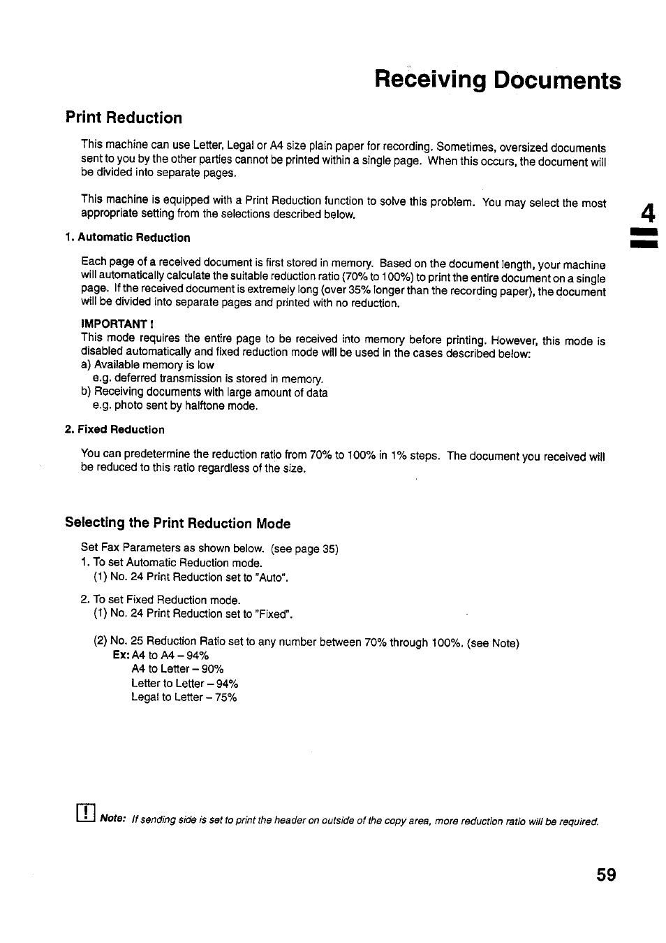 Selecting the print reduction mode, Receiving documents, Print reduction | Panasonic PANAFAX UF-321 User Manual | Page 61 / 110