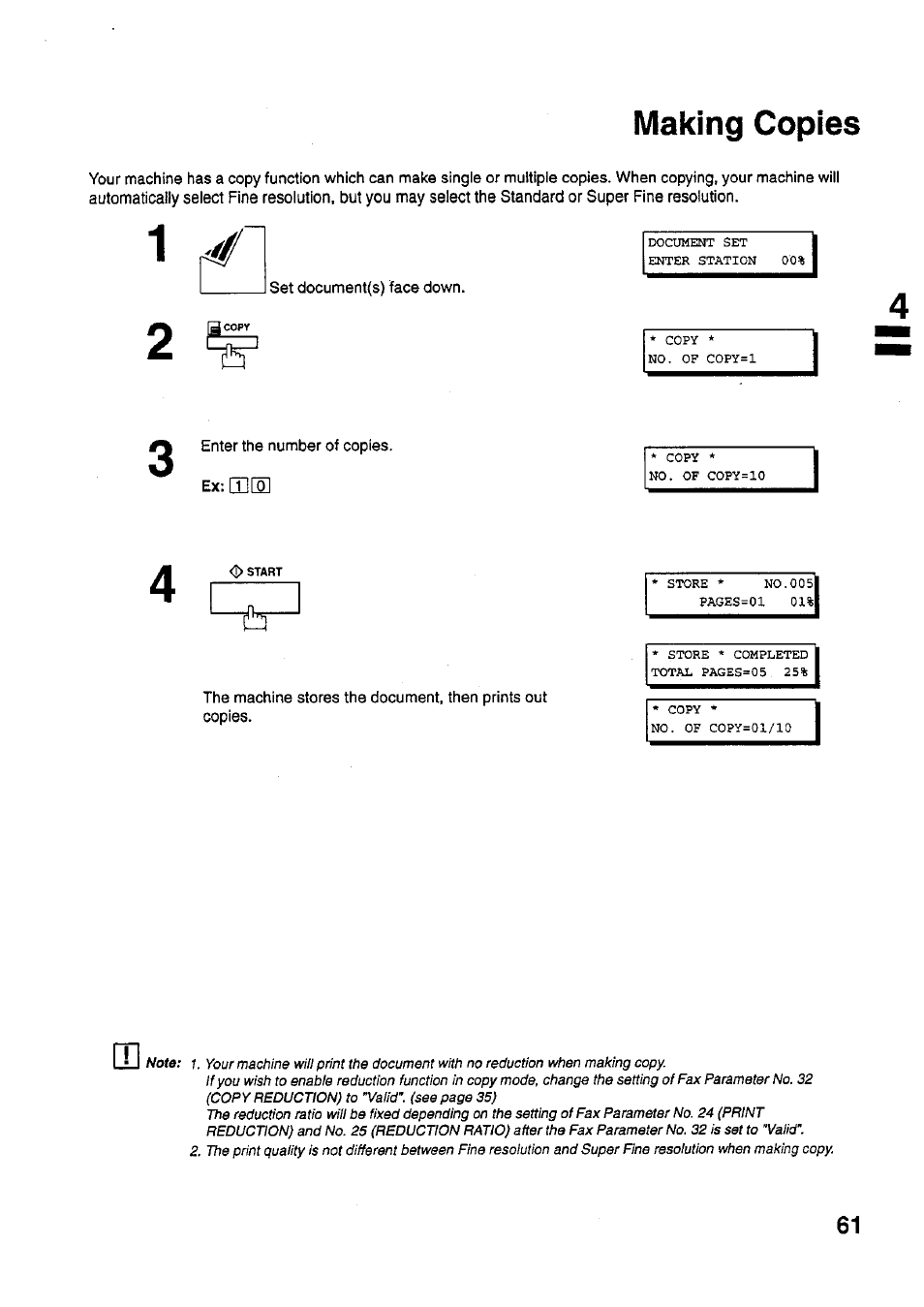 Set document{s) face down, Enter the number of copies. ex: ihis, Making copies | Panasonic PANAFAX UF-321 User Manual | Page 63 / 110
