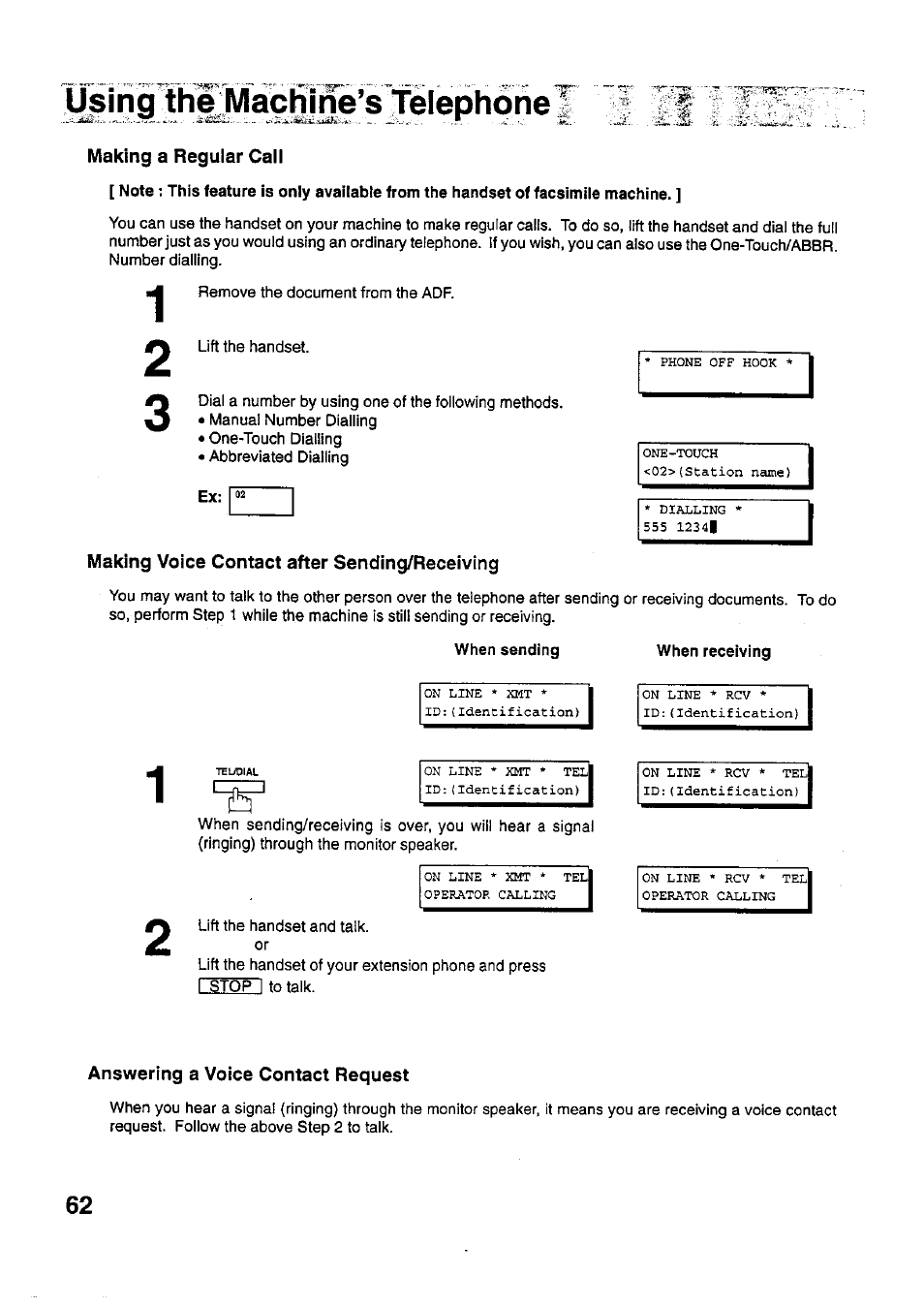 Making a regular call, Making voice contact after sending/receiving, Answering a voice contact request | Using theimiìiìì | Panasonic PANAFAX UF-321 User Manual | Page 64 / 110