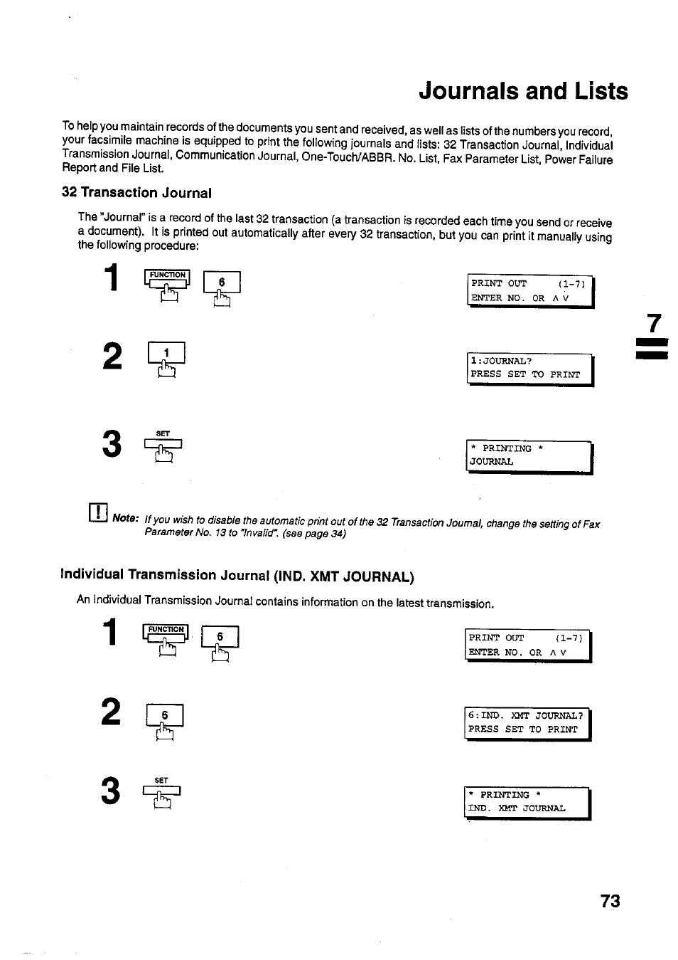 32 transaction journal, Individual transmission journal (ind. xmt journal), Journals and lists | Panasonic PANAFAX UF-321 User Manual | Page 75 / 110