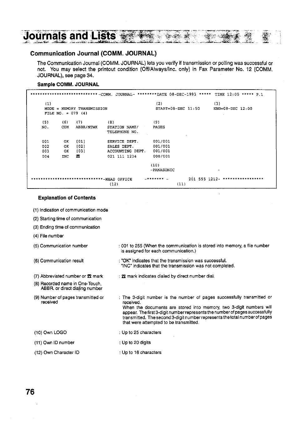 Journals, Communication journal (comm. journal) | Panasonic PANAFAX UF-321 User Manual | Page 78 / 110