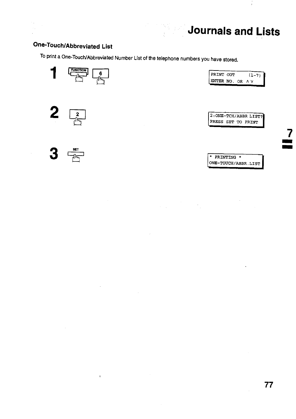 One-touch/abbreviated list, Journals and lists | Panasonic PANAFAX UF-321 User Manual | Page 79 / 110