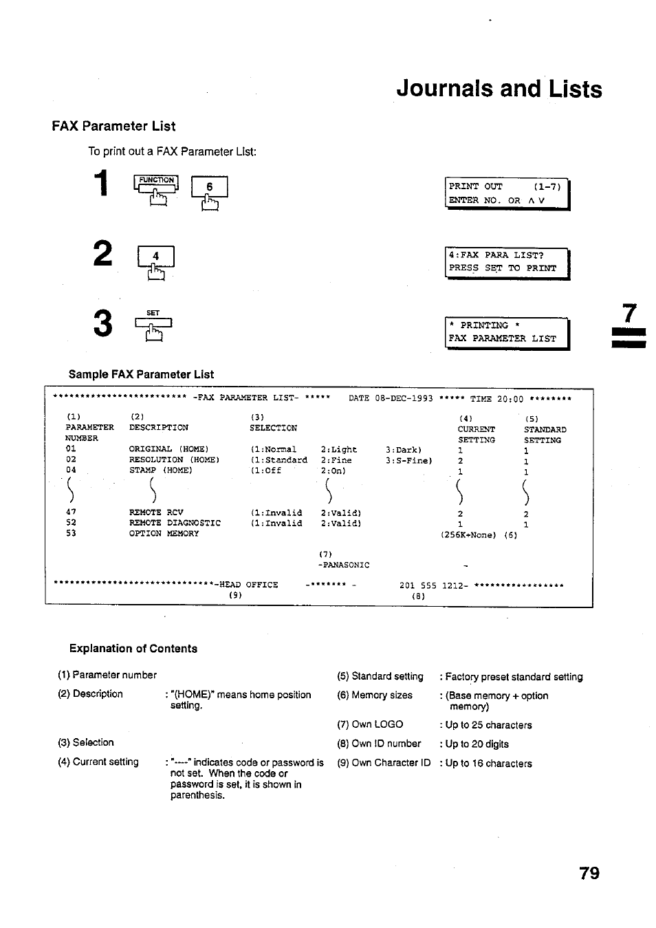 Fax parameter list, To print out a fax parameter list, Journals and lists | Panasonic PANAFAX UF-321 User Manual | Page 81 / 110