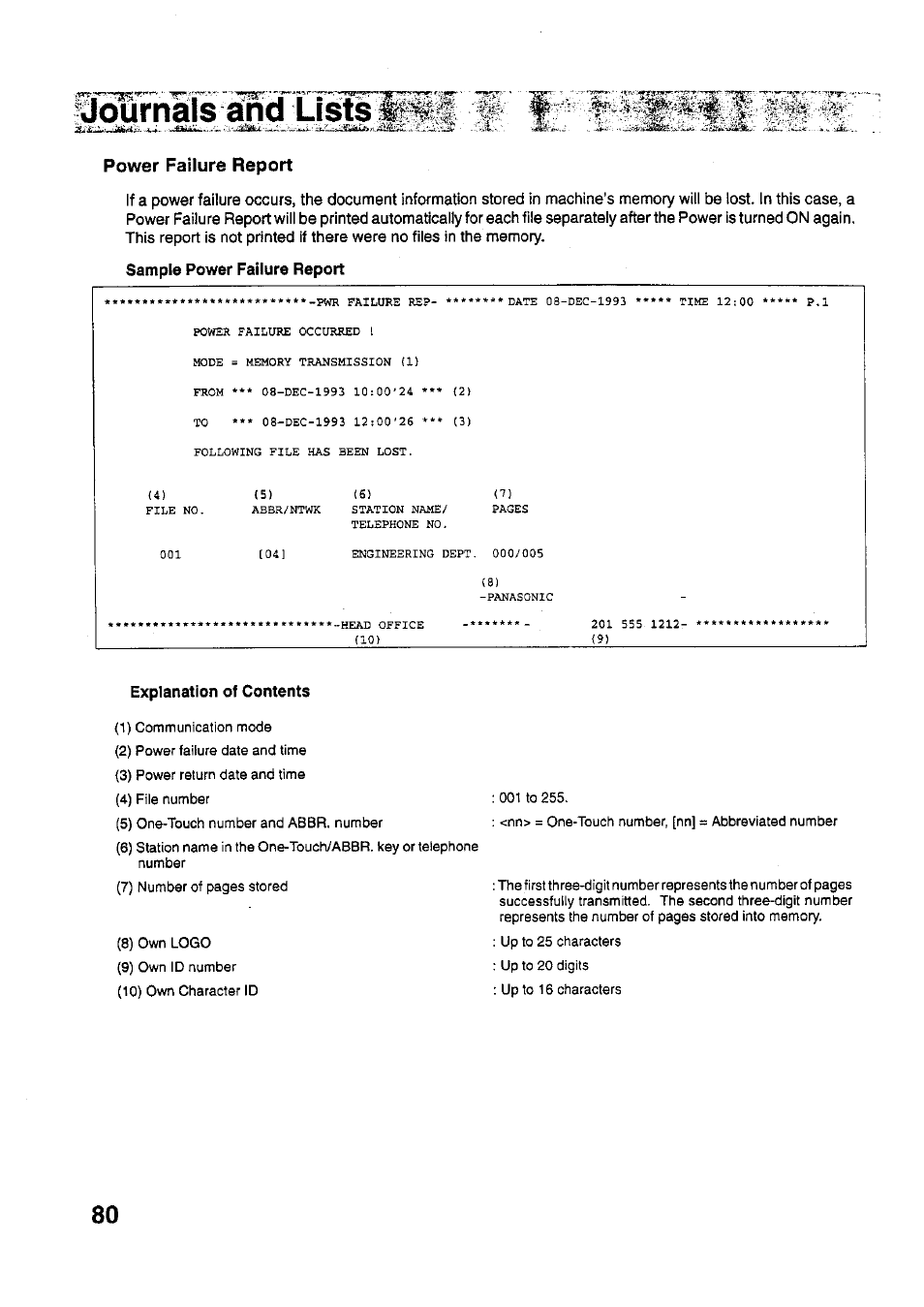 Power failure report, Clo®mals^inclli6ts | Panasonic PANAFAX UF-321 User Manual | Page 82 / 110