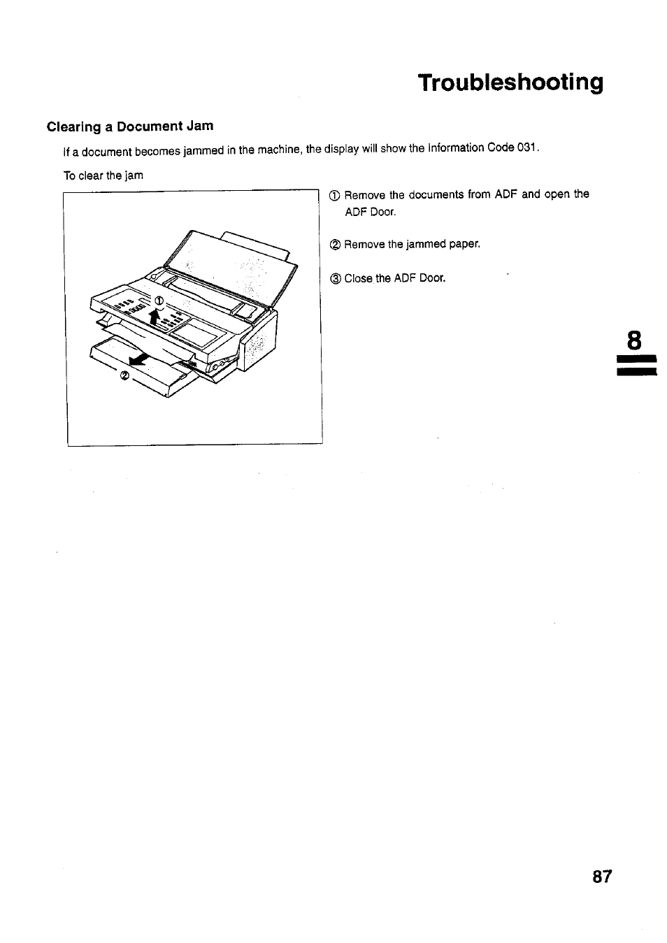 Clearing a document jam, Troubleshooting | Panasonic PANAFAX UF-321 User Manual | Page 89 / 110